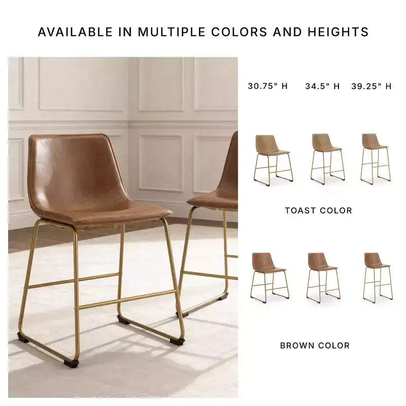 Chaises de salle à manger rembourrées, lot de 2, assises en similicuir marron avec structure en métal doré