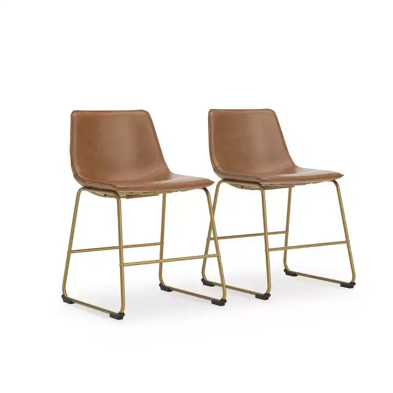 Chaises de salle à manger rembourrées, lot de 2, assises en similicuir marron avec structure en métal doré