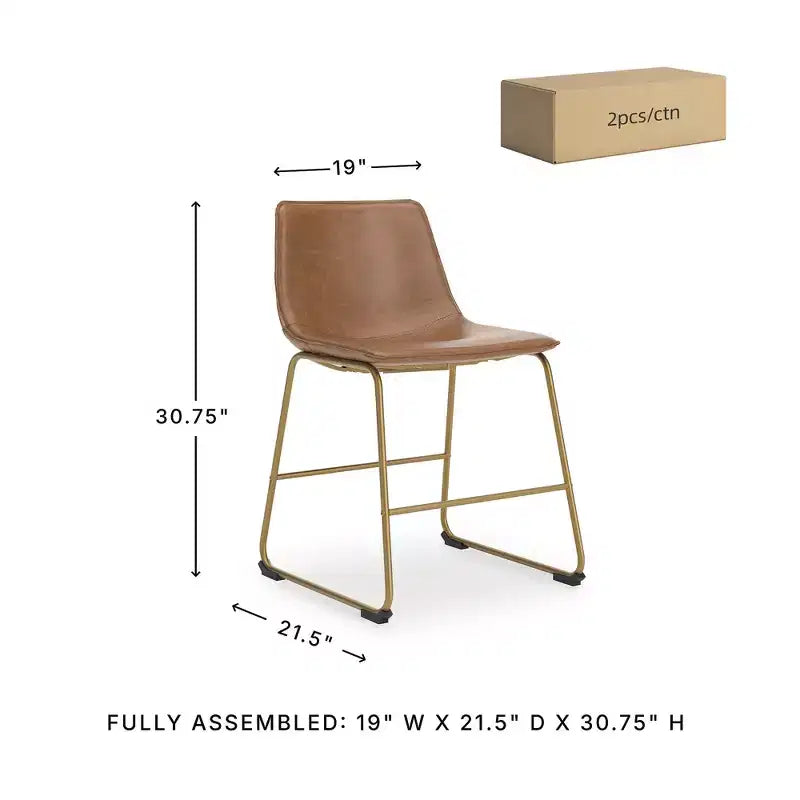 Chaises de salle à manger rembourrées, lot de 2, assises en similicuir marron avec structure en métal doré