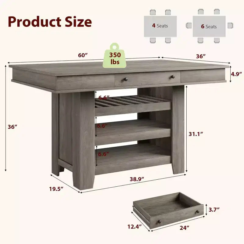 Table de salle à manger en bois hauteur comptoir 60 pouces pour 4-6 personnes, îlot de cuisine avec casier à vin et 2 tiroirs, table fixe à 4 niveaux pour salle à manger et cuisine