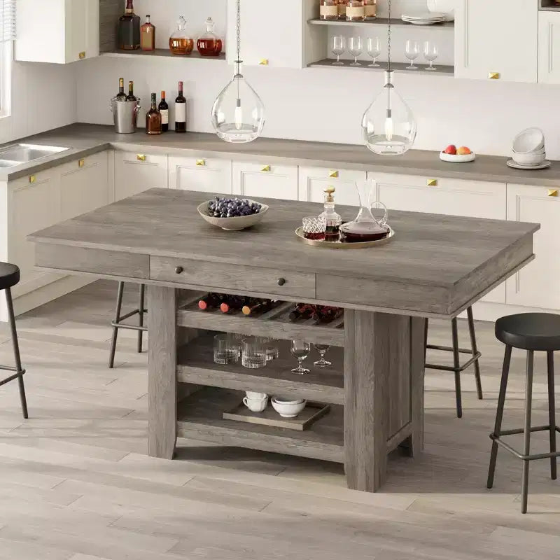 Table de salle à manger en bois hauteur comptoir 60 pouces pour 4-6 personnes, îlot de cuisine avec casier à vin et 2 tiroirs, table fixe à 4 niveaux pour salle à manger et cuisine