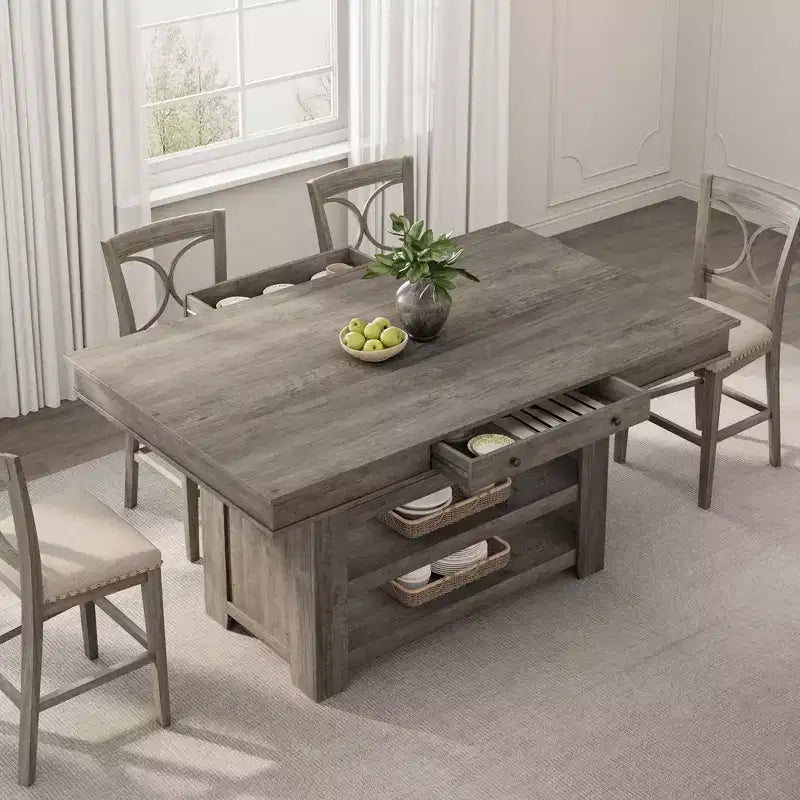 Table de salle à manger en bois hauteur comptoir 60 pouces pour 4-6 personnes, îlot de cuisine avec casier à vin et 2 tiroirs, table fixe à 4 niveaux pour salle à manger et cuisine