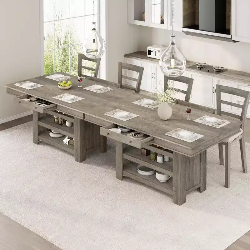 Table de salle à manger en bois hauteur comptoir 60 pouces pour 4-6 personnes, îlot de cuisine avec casier à vin et 2 tiroirs, table fixe à 4 niveaux pour salle à manger et cuisine