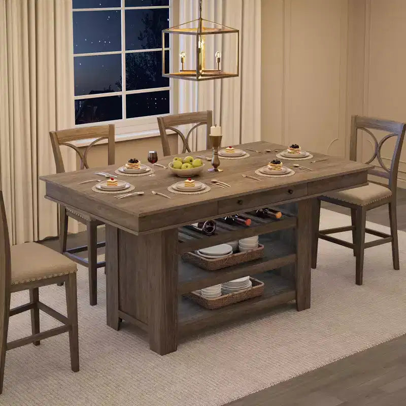 Table de salle à manger en bois hauteur comptoir 60 pouces pour 4-6 personnes, îlot de cuisine avec casier à vin et 2 tiroirs, table fixe à 4 niveaux pour salle à manger et cuisine