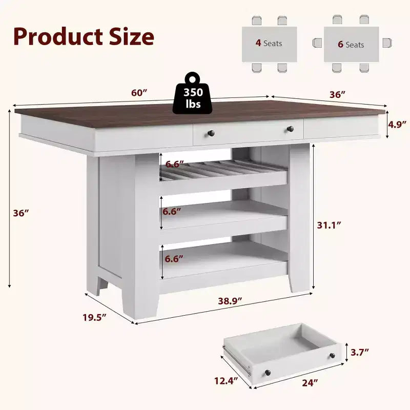 Table de salle à manger en bois hauteur comptoir 60 pouces pour 4-6 personnes, îlot de cuisine avec casier à vin et 2 tiroirs, table fixe à 4 niveaux pour salle à manger et cuisine