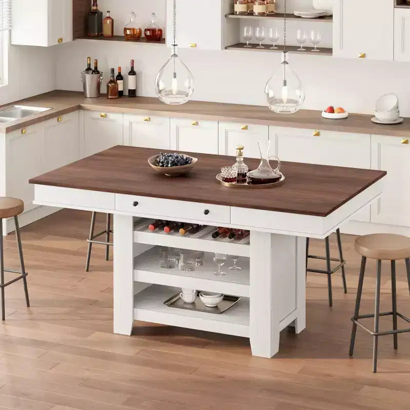 Table de salle à manger en bois hauteur comptoir 60 pouces pour 4-6 personnes, îlot de cuisine avec casier à vin et 2 tiroirs, table fixe à 4 niveaux pour salle à manger et cuisine