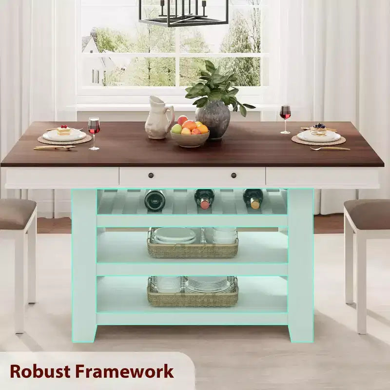 Table de salle à manger en bois hauteur comptoir 60 pouces pour 4-6 personnes, îlot de cuisine avec casier à vin et 2 tiroirs, table fixe à 4 niveaux pour salle à manger et cuisine