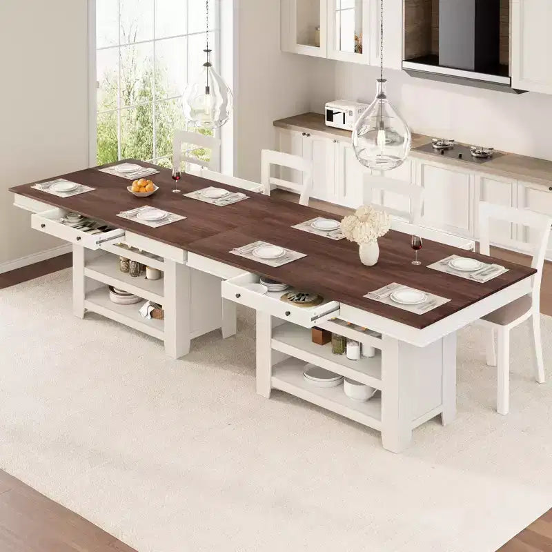 Table de salle à manger en bois hauteur comptoir 60 pouces pour 4-6 personnes, îlot de cuisine avec casier à vin et 2 tiroirs, table fixe à 4 niveaux pour salle à manger et cuisine