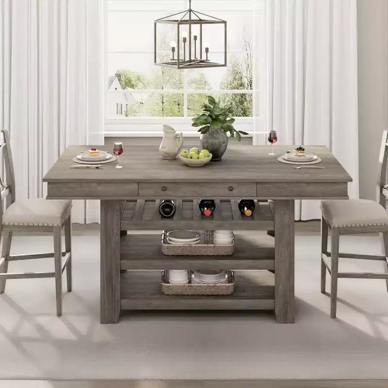 Table de salle à manger en bois hauteur comptoir 60 pouces pour 4-6 personnes, îlot de cuisine avec casier à vin et 2 tiroirs, table fixe à 4 niveaux pour salle à manger et cuisine