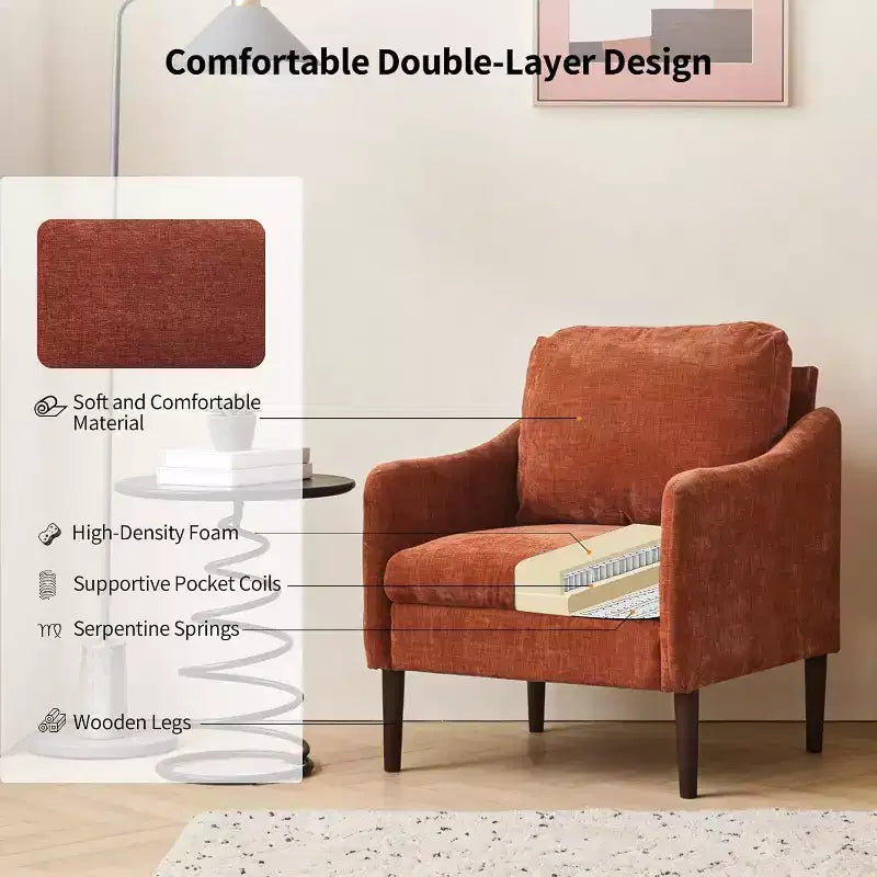 Fauteuil d'appoint moderne du milieu du siècle, fauteuil en tissu chenille avec accoudoirs incurvés, fauteuil de lecture rembourré, fauteuil canapé nuage pour salon, 4 couleurs
