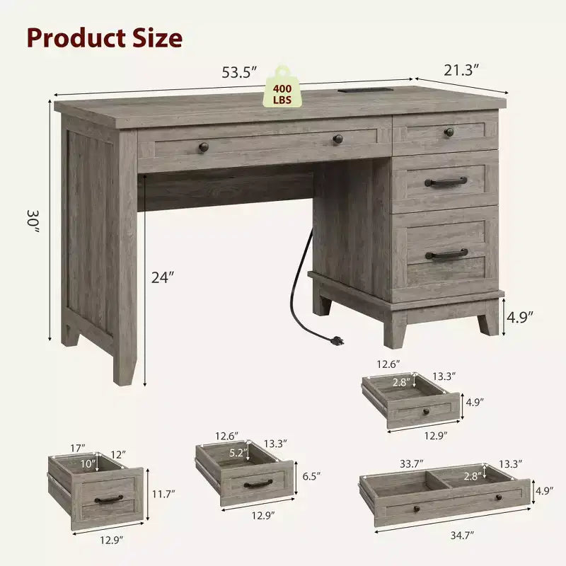 Bureau d'ordinateur de 53,5 po style ferme avec station de recharge et classeur, poste de travail de direction rustique en bois avec tiroirs de rangement pour bureau à domicile