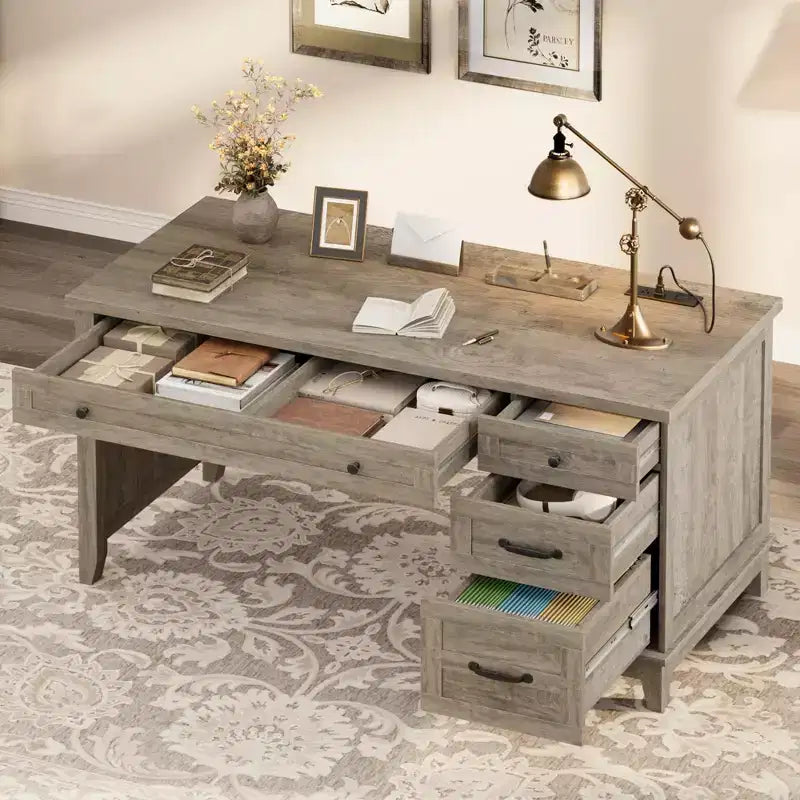 Bureau d'ordinateur de 53,5 po style ferme avec station de recharge et classeur, poste de travail de direction rustique en bois avec tiroirs de rangement pour bureau à domicile