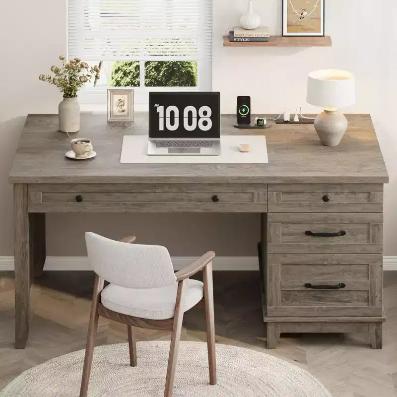 Bureau d'ordinateur de 53,5 po style ferme avec station de recharge et classeur, poste de travail de direction rustique en bois avec tiroirs de rangement pour bureau à domicile
