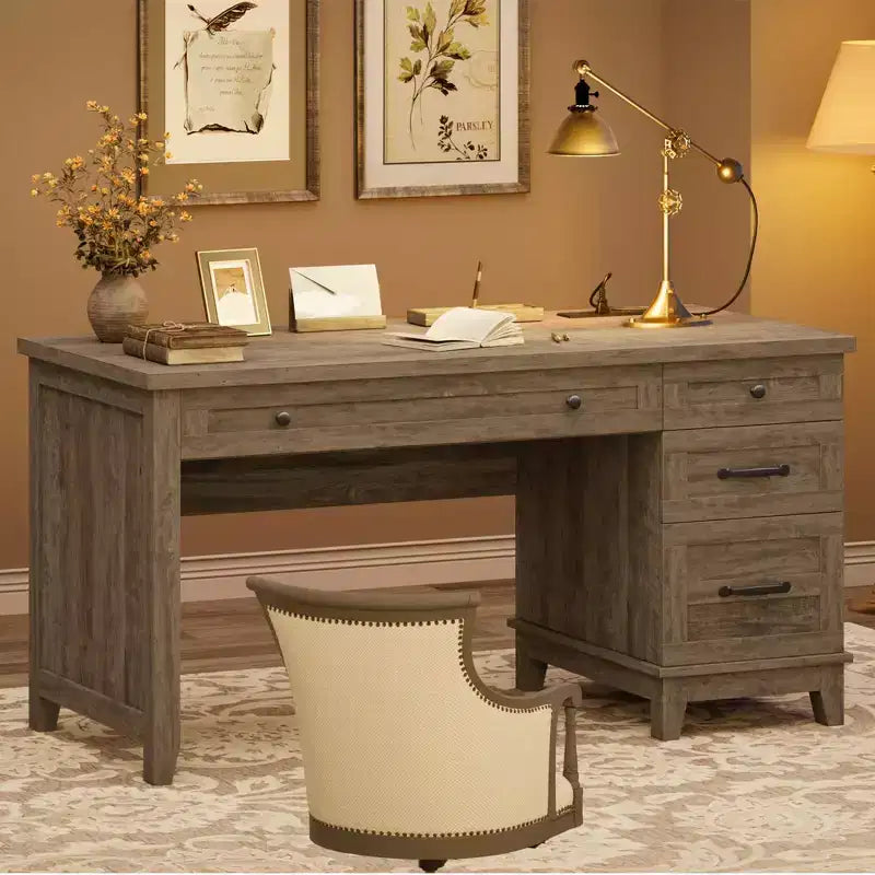 Bureau d'ordinateur de 53,5 po style ferme avec station de recharge et classeur, poste de travail de direction rustique en bois avec tiroirs de rangement pour bureau à domicile