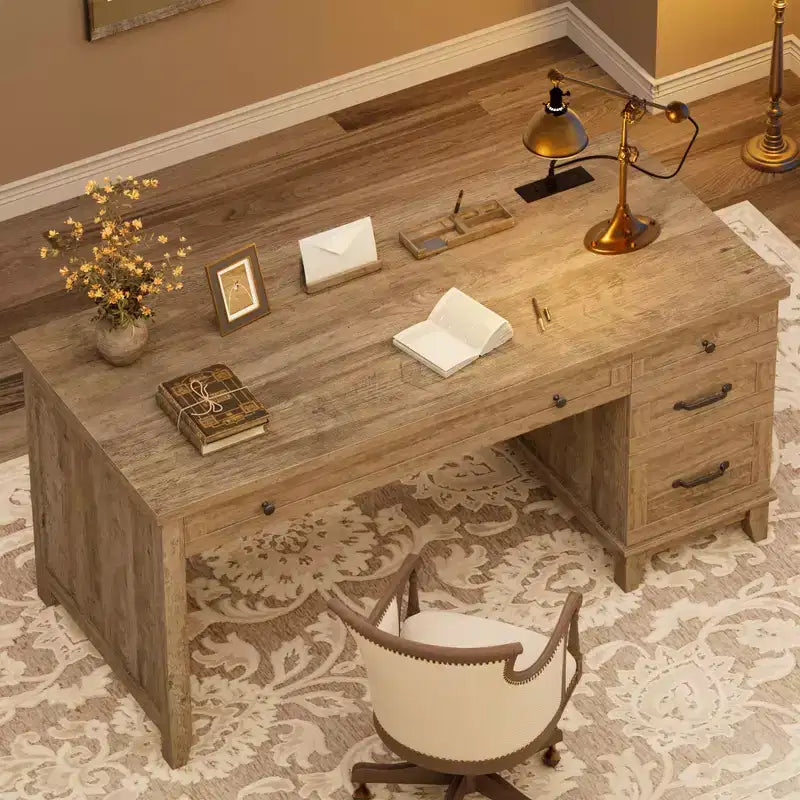 Bureau d'ordinateur de 53,5 po style ferme avec station de recharge et classeur, poste de travail de direction rustique en bois avec tiroirs de rangement pour bureau à domicile