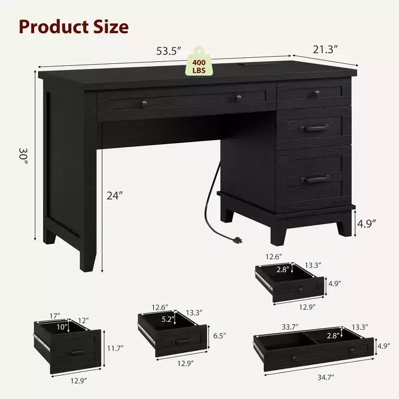 Bureau d'ordinateur de 53,5 po style ferme avec station de recharge et classeur, poste de travail de direction rustique en bois avec tiroirs de rangement pour bureau à domicile