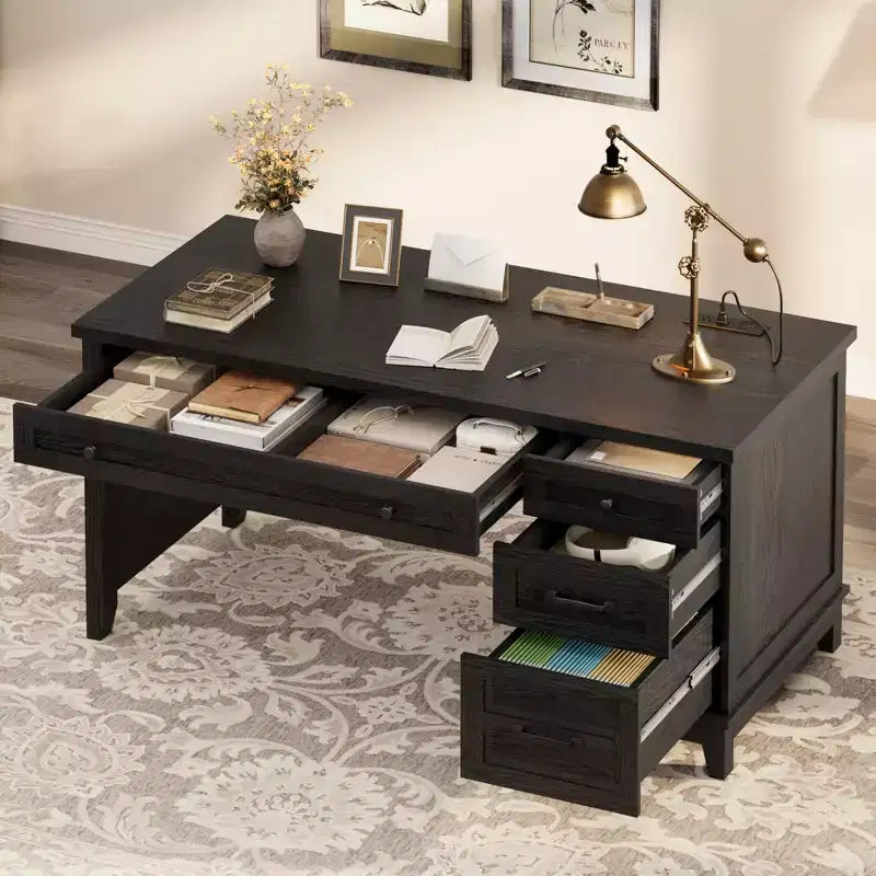 Bureau d'ordinateur de 53,5 po style ferme avec station de recharge et classeur, poste de travail de direction rustique en bois avec tiroirs de rangement pour bureau à domicile