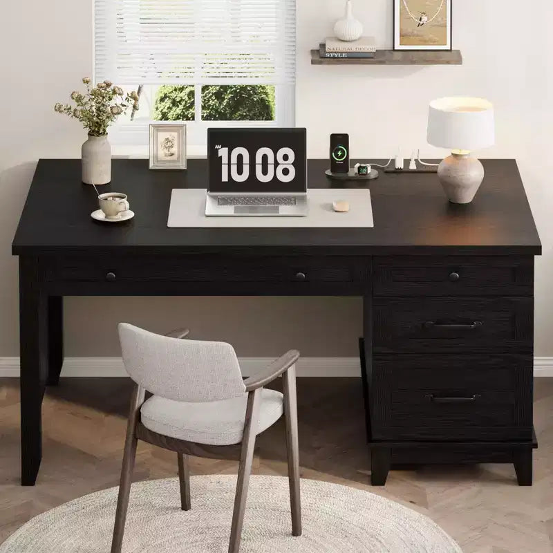 Bureau d'ordinateur de 53,5 po style ferme avec station de recharge et classeur, poste de travail de direction rustique en bois avec tiroirs de rangement pour bureau à domicile