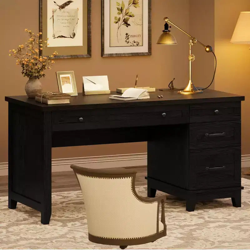 Bureau d'ordinateur de 53,5 po style ferme avec station de recharge et classeur, poste de travail de direction rustique en bois avec tiroirs de rangement pour bureau à domicile