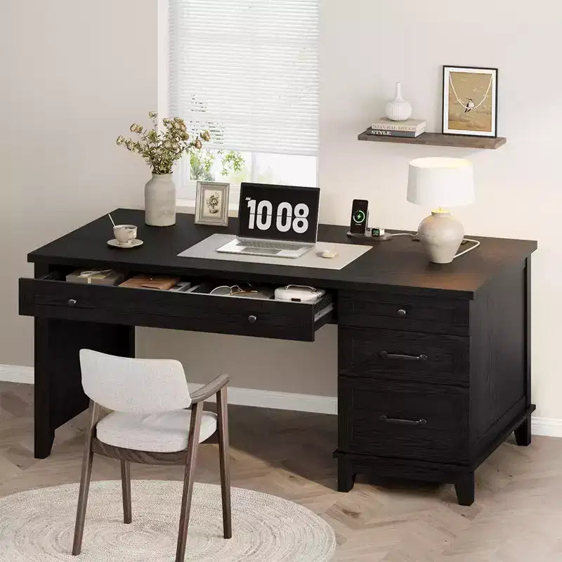 53.5 Farmhouse Computer Desk w/ Charging Station &amp; File Cabinet, Rustic Wooden Executive Workstation with Storage Drawers for Home Office