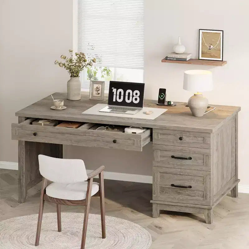 Bureau d'ordinateur de 53,5 po style ferme avec station de recharge et classeur, poste de travail de direction rustique en bois avec tiroirs de rangement pour bureau à domicile
