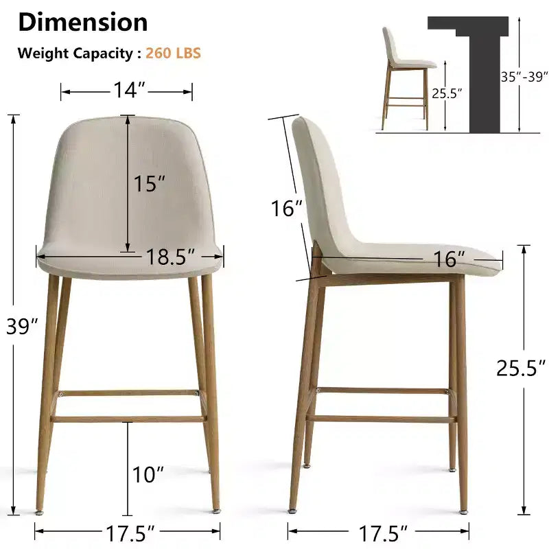 Tabouret de bar moderne à hauteur de comptoir avec dossier, tabouret de cuisine sans accoudoirs de 64,7 cm de hauteur d'assise avec pieds en métal finition naturelle