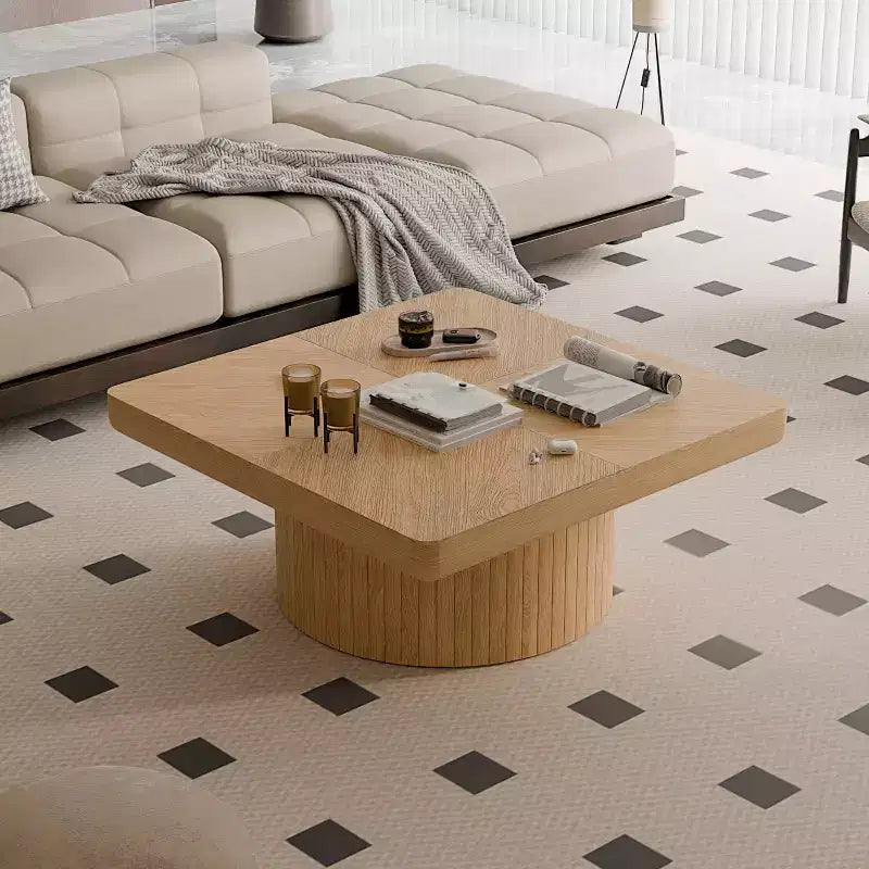 Table basse carrée pour salon, plateau en placage de bois à motif parquet, bois naturel