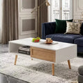 Rattan Coffee Table with Sliding Door Storage, Modern Center Table with Solid Wood Legs for Living Room, White