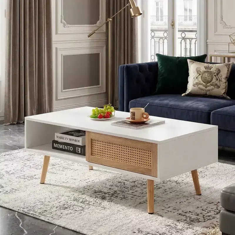 Rattan Coffee Table with Sliding Door Storage, Modern Center Table with Solid Wood Legs for Living Room, White
