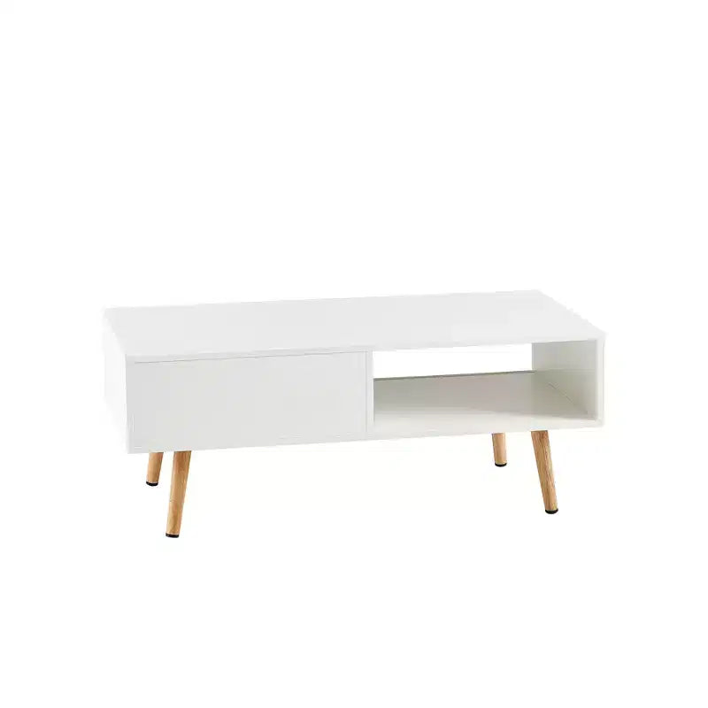 Table basse en rotin avec rangement à porte coulissante, table basse moderne avec pieds en bois massif pour salon, blanc