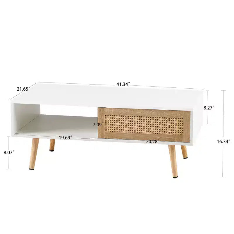 Table basse en rotin avec rangement à porte coulissante, table basse moderne avec pieds en bois massif pour salon, blanc