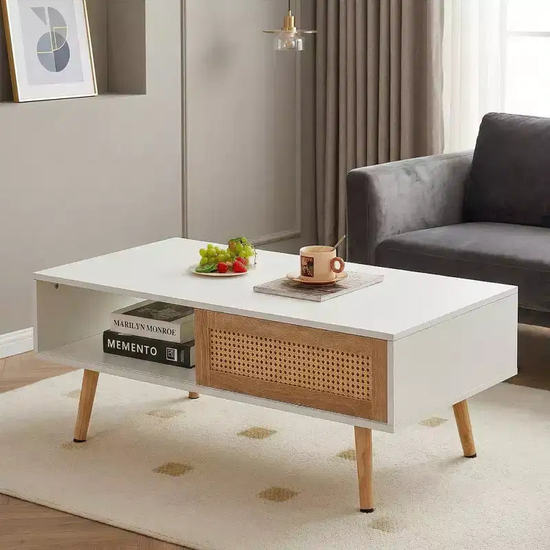 Table basse en rotin avec rangement à porte coulissante, table basse moderne avec pieds en bois massif pour salon, blanc