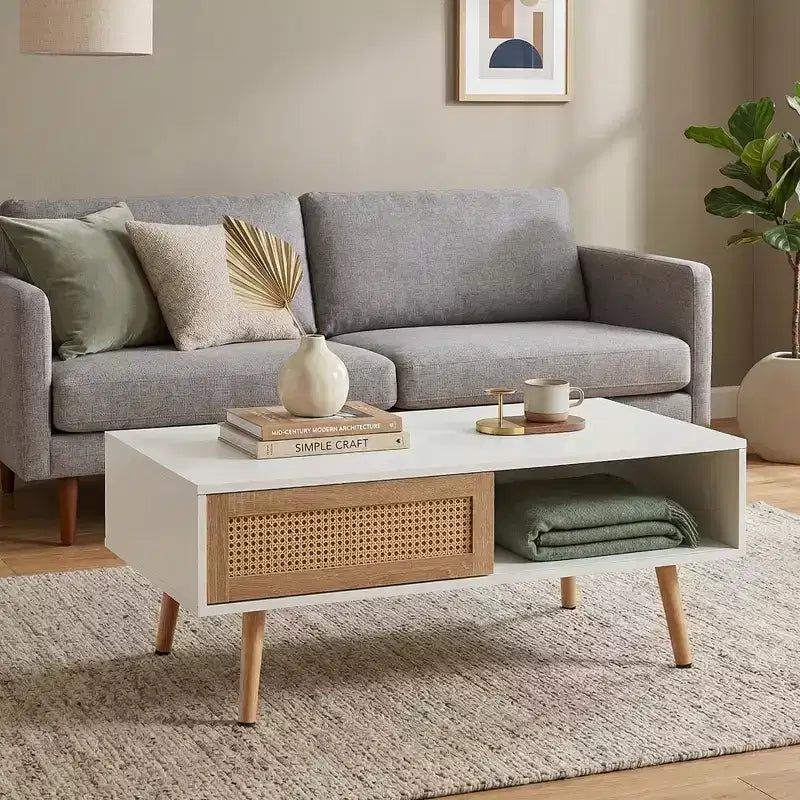 Table basse en rotin avec rangement à porte coulissante, table basse moderne avec pieds en bois massif pour salon, blanc