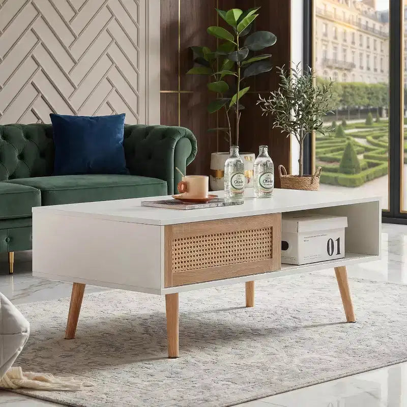 Table basse en rotin avec rangement à porte coulissante, table basse moderne avec pieds en bois massif pour salon, blanc