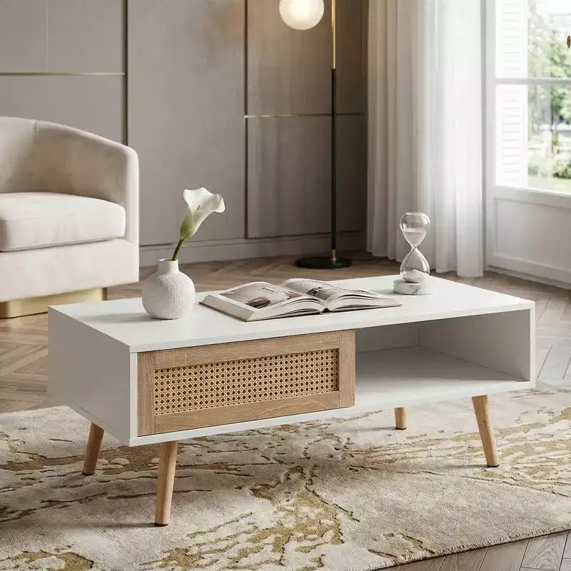 Table basse en rotin avec rangement à porte coulissante, table basse moderne avec pieds en bois massif pour salon, blanc