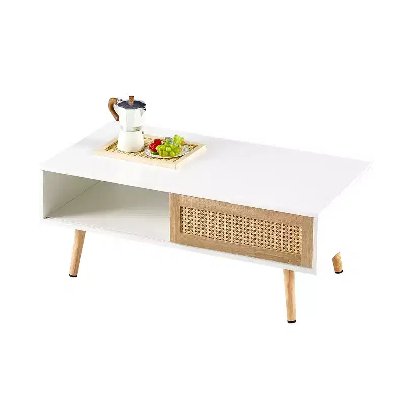 Table basse en rotin avec rangement à porte coulissante, table basse moderne avec pieds en bois massif pour salon, blanc