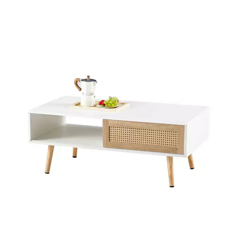 Table basse en rotin avec rangement à porte coulissante, table basse moderne avec pieds en bois massif pour salon, blanc
