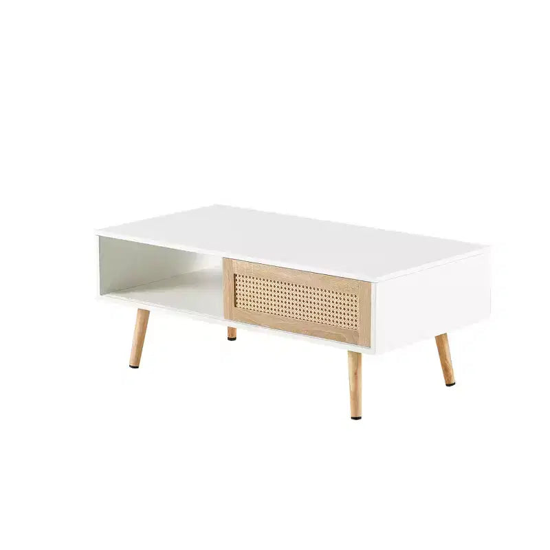 Table basse en rotin avec rangement à porte coulissante, table basse moderne avec pieds en bois massif pour salon, blanc