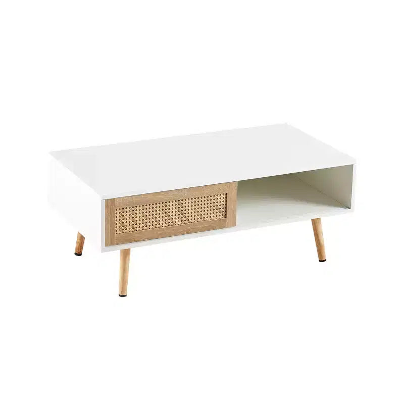 Table basse en rotin avec rangement à porte coulissante, table basse moderne avec pieds en bois massif pour salon, blanc