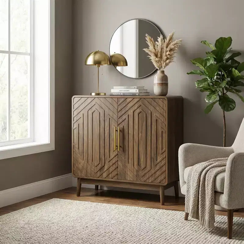 Buffet bahut sculpté à 2 portes avec étagères réglables pour salon et cuisine