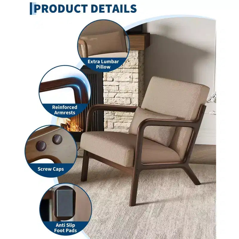 Fauteuil d'appoint Mid-Century Modern – Fauteuil en chenille avec coussin lombaire amovible, fauteuil de lecture en bois massif pour salon, chambre à coucher