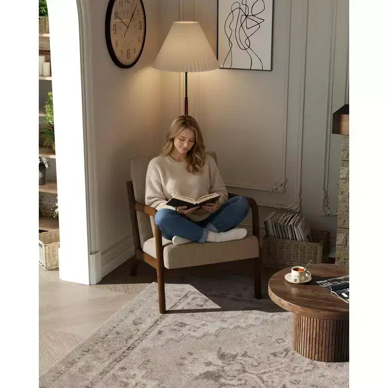 Fauteuil d'appoint Mid-Century Modern – Fauteuil en chenille avec coussin lombaire amovible, fauteuil de lecture en bois massif pour salon, chambre à coucher