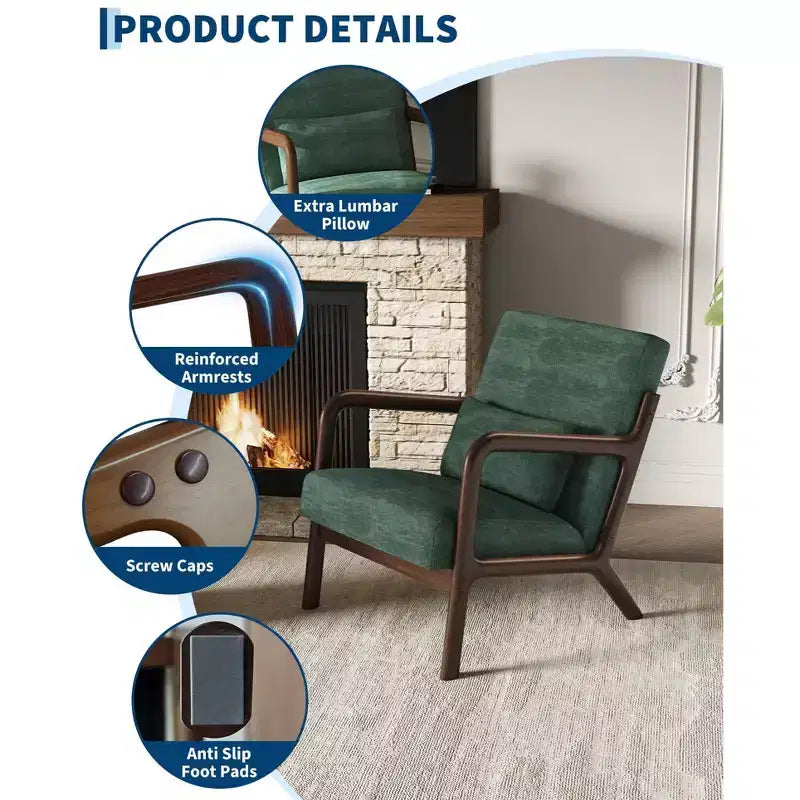 Fauteuil d'appoint Mid-Century Modern – Fauteuil en chenille avec coussin lombaire amovible, fauteuil de lecture en bois massif pour salon, chambre à coucher