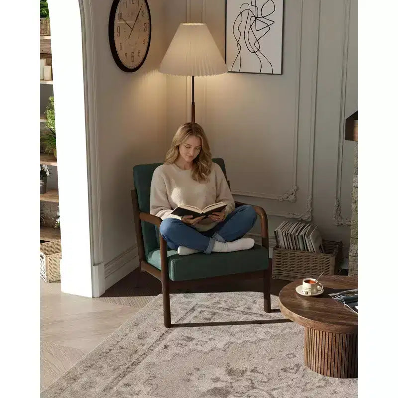 Fauteuil d'appoint Mid-Century Modern – Fauteuil en chenille avec coussin lombaire amovible, fauteuil de lecture en bois massif pour salon, chambre à coucher
