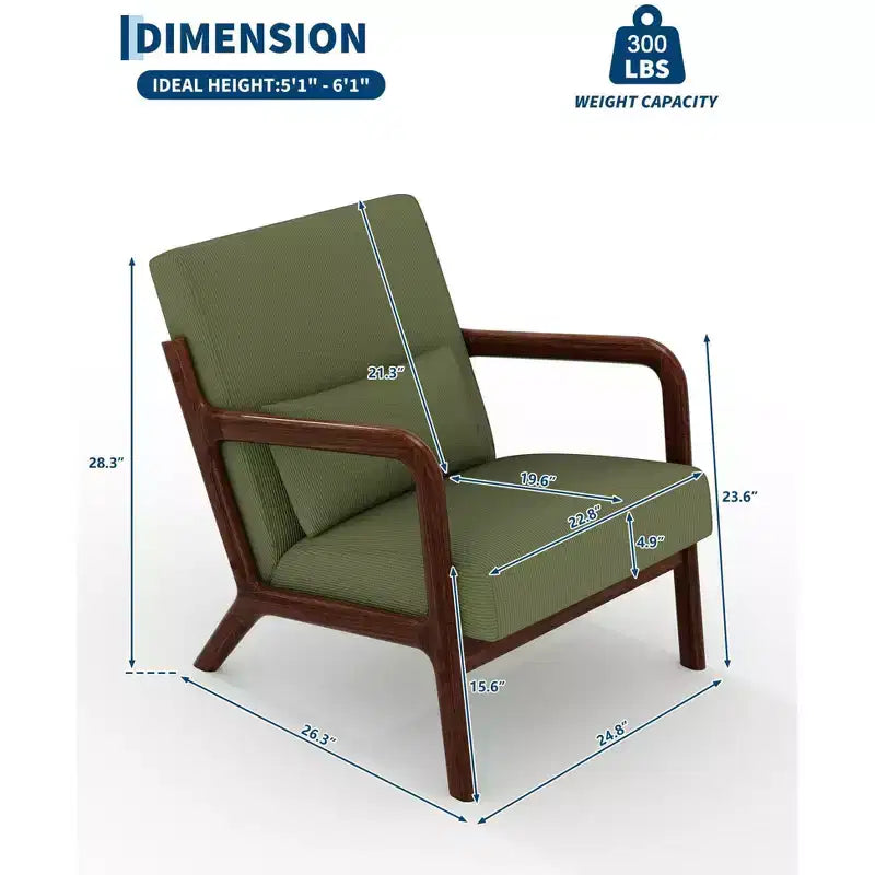 Fauteuil d'appoint Mid-Century Modern – Fauteuil en chenille avec coussin lombaire amovible, fauteuil de lecture en bois massif pour salon, chambre à coucher