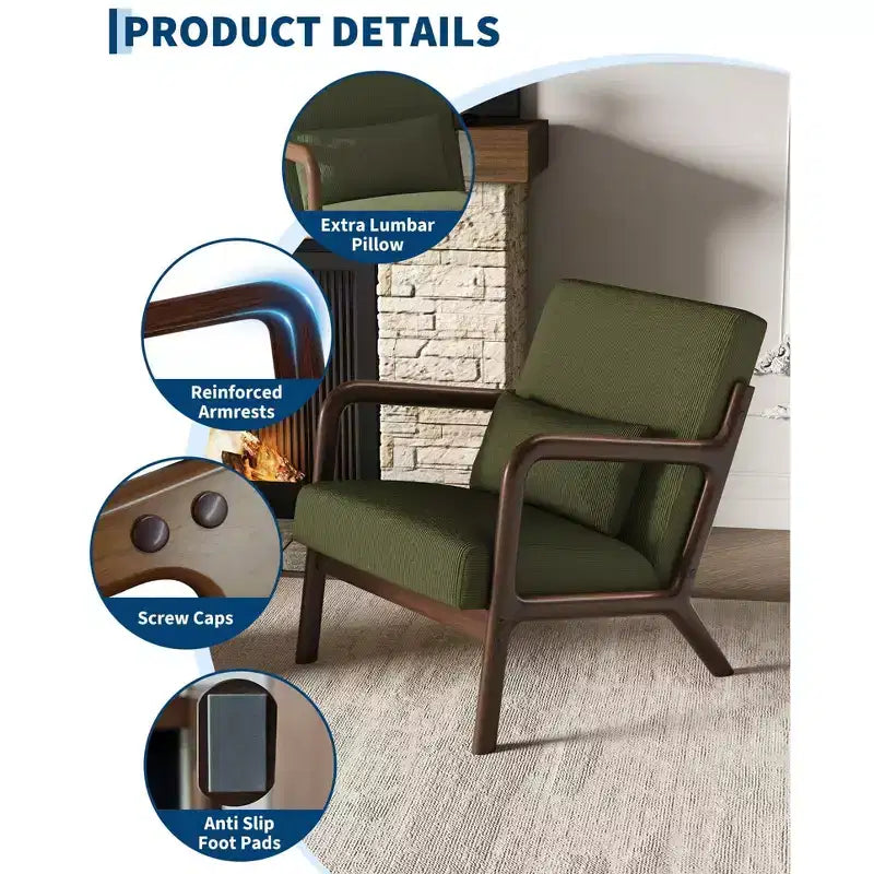 Fauteuil d'appoint Mid-Century Modern – Fauteuil en chenille avec coussin lombaire amovible, fauteuil de lecture en bois massif pour salon, chambre à coucher