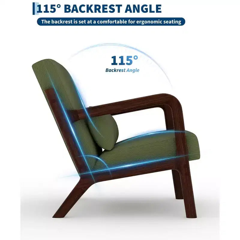 Fauteuil d'appoint Mid-Century Modern – Fauteuil en chenille avec coussin lombaire amovible, fauteuil de lecture en bois massif pour salon, chambre à coucher