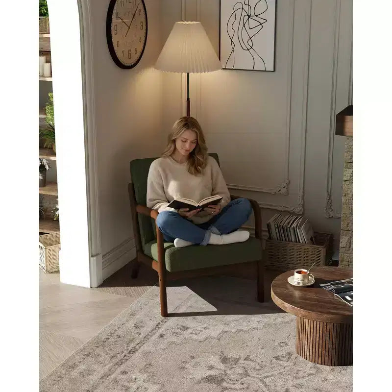 Fauteuil d'appoint Mid-Century Modern – Fauteuil en chenille avec coussin lombaire amovible, fauteuil de lecture en bois massif pour salon, chambre à coucher