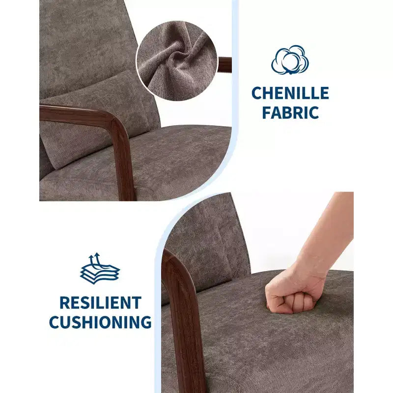 Fauteuil d'appoint Mid-Century Modern – Fauteuil en chenille avec coussin lombaire amovible, fauteuil de lecture en bois massif pour salon, chambre à coucher
