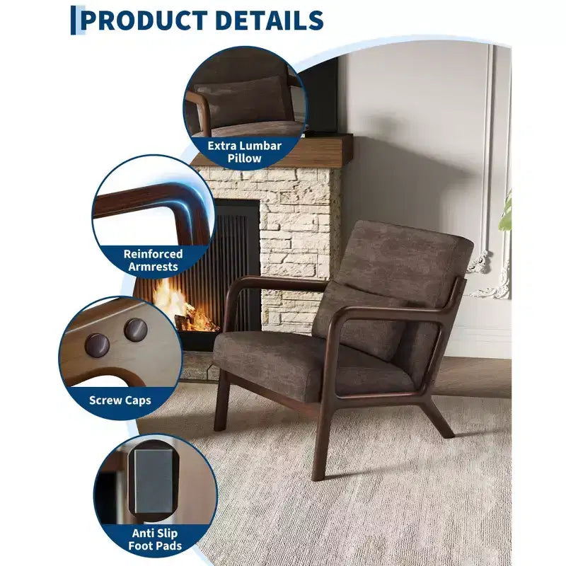 Fauteuil d'appoint Mid-Century Modern – Fauteuil en chenille avec coussin lombaire amovible, fauteuil de lecture en bois massif pour salon, chambre à coucher